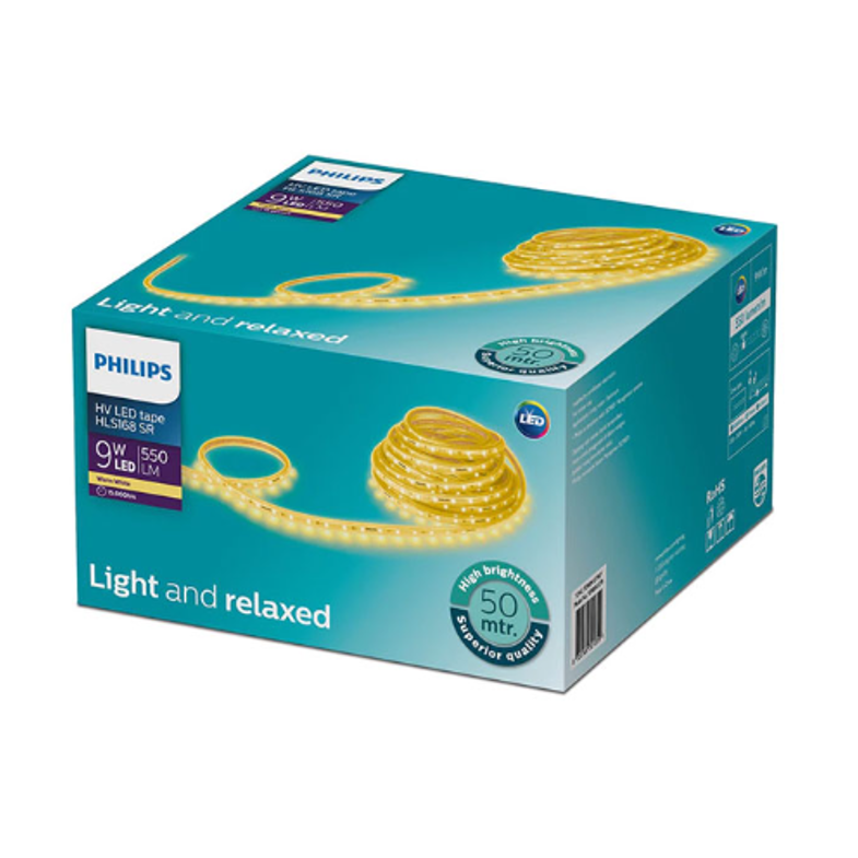 LED strip 50 mtr roll 9W per meter warm white 3000K 550lumen 15000 hrs life water proof IP65 power factor 0.9 CRI 80 220-240V