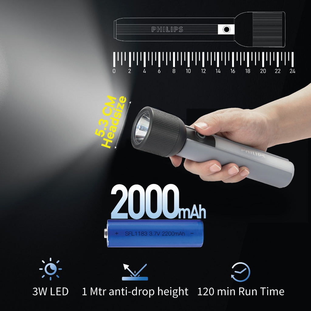 PHILIPS ABS Multi-Functional Rechargeable Flashlight & Portable Light – 400/350Lumens, 150m Beam Range SFL1183/56