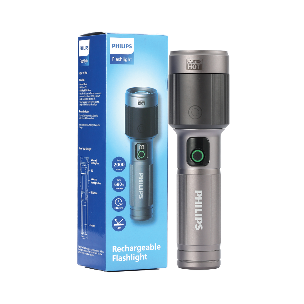PHILIPS Aircraft Aluminium Alloy 24.5cms Zoom LED Rechargeable Flashlight / Torch – 2000Lumens, 680m Range, 4500mAh SFL5101/56