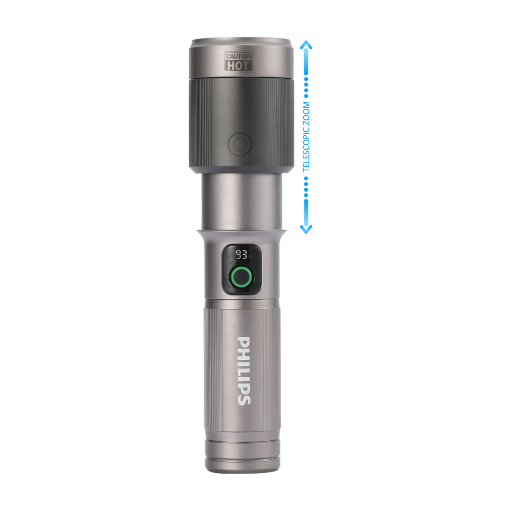 PHILIPS Aircraft Aluminium Alloy 24.5cms Zoom LED Rechargeable Flashlight / Torch – 2000Lumens, 680m Range, 4500mAh SFL5101/56