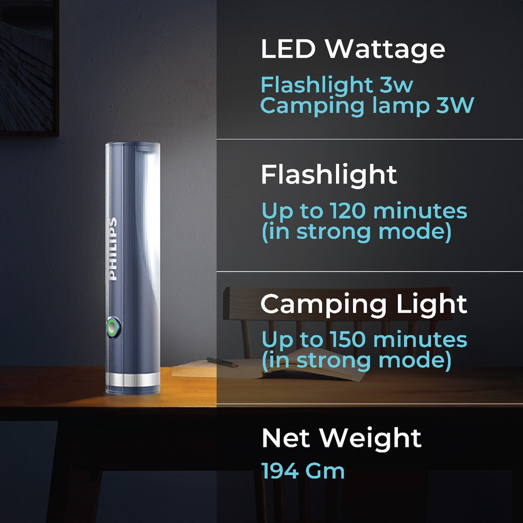 PHILIPS ABS Multi-Functional Rechargeable Flashlight & Portable Light – 400/350Lumens, 400m/150m Beam Range SFL1188/56