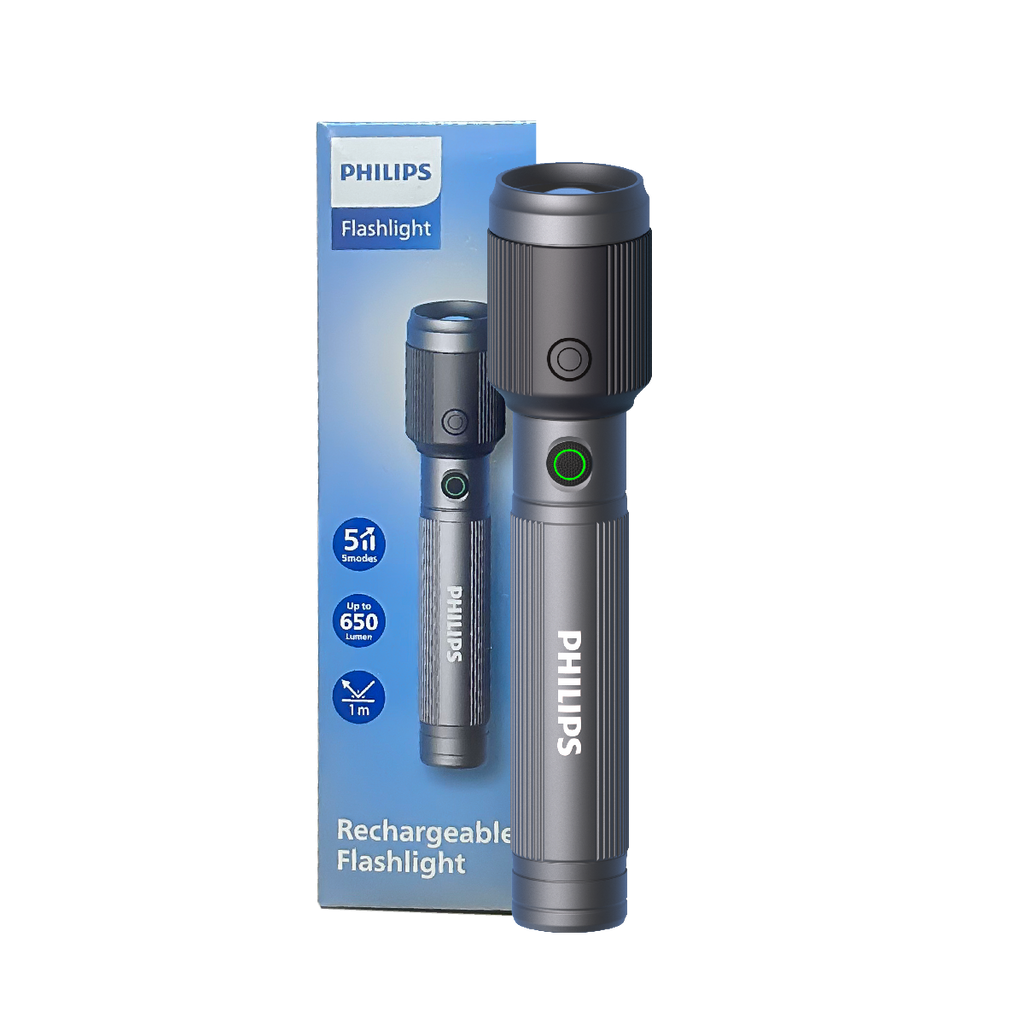 Philips Aircraft Aluminium Alloy Long Range Zoom LED Rechargeable Flashlight / Torch – 650Lumens, 300m Range 1200mAh SFL2141/56