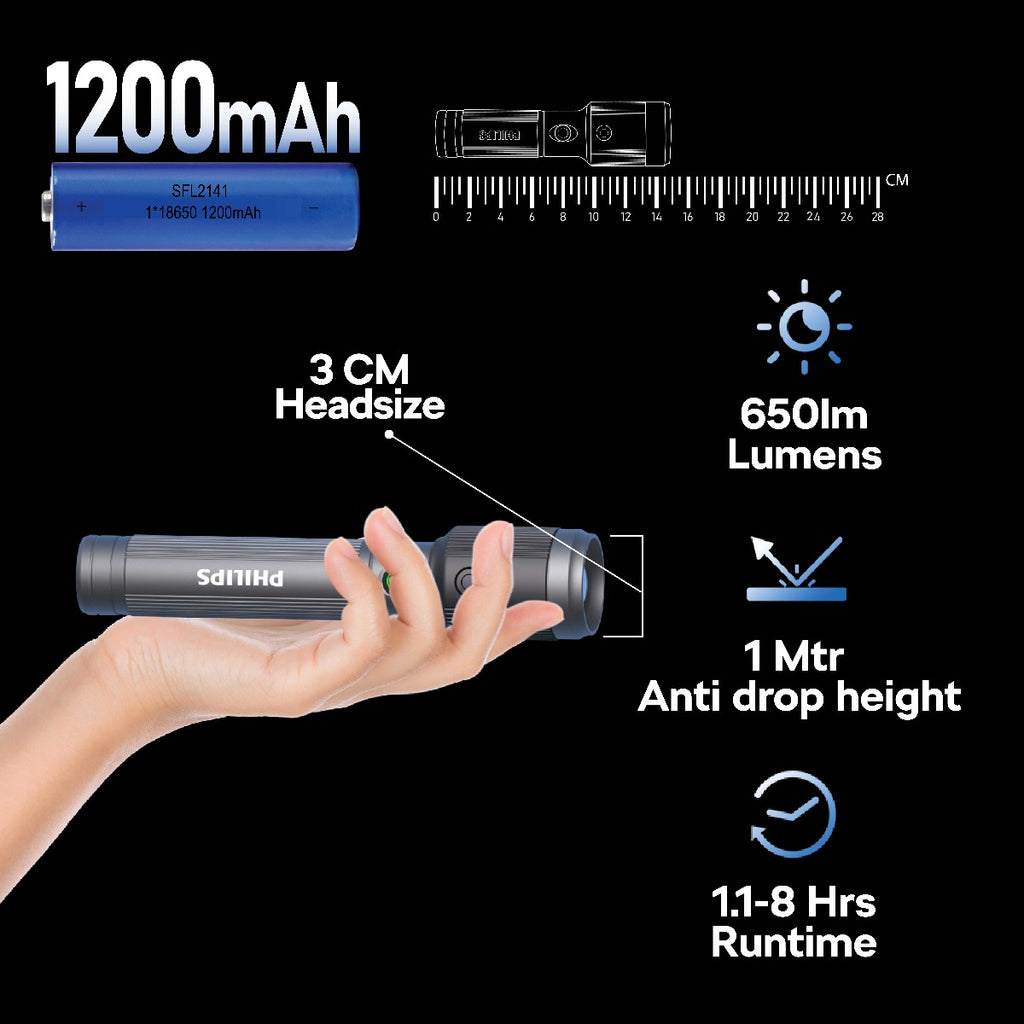 Philips Aircraft Aluminium Alloy Long Range Zoom LED Rechargeable Flashlight / Torch – 650Lumens, 300m Range 1200mAh SFL2141/56