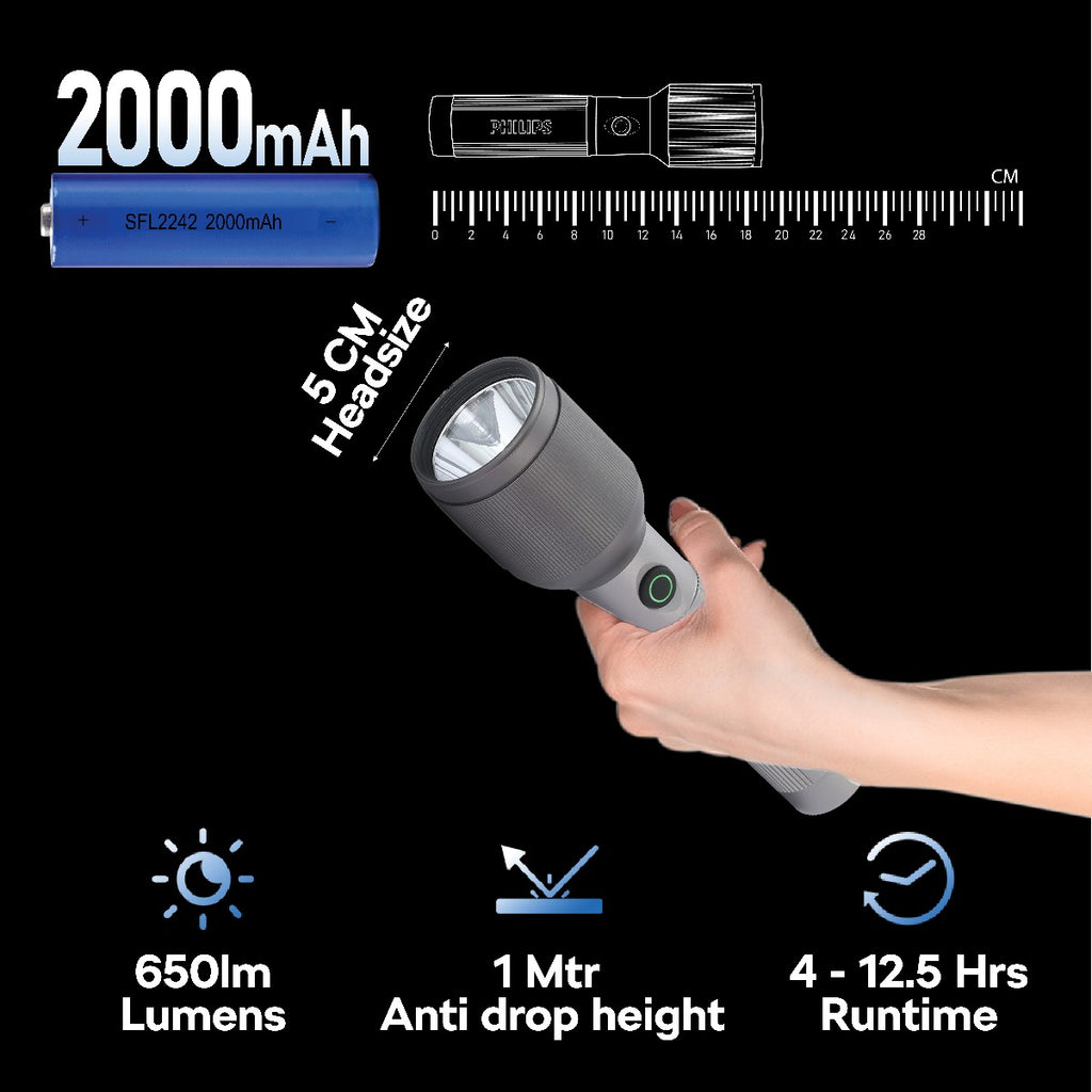 PHILIPS 5 Mode Aircraft Aluminium Alloy LED Flashlight – 650 lm, 2000mAh, SFL2242/56 Torch  (Grey, 19.2 cm, Rechargeable)