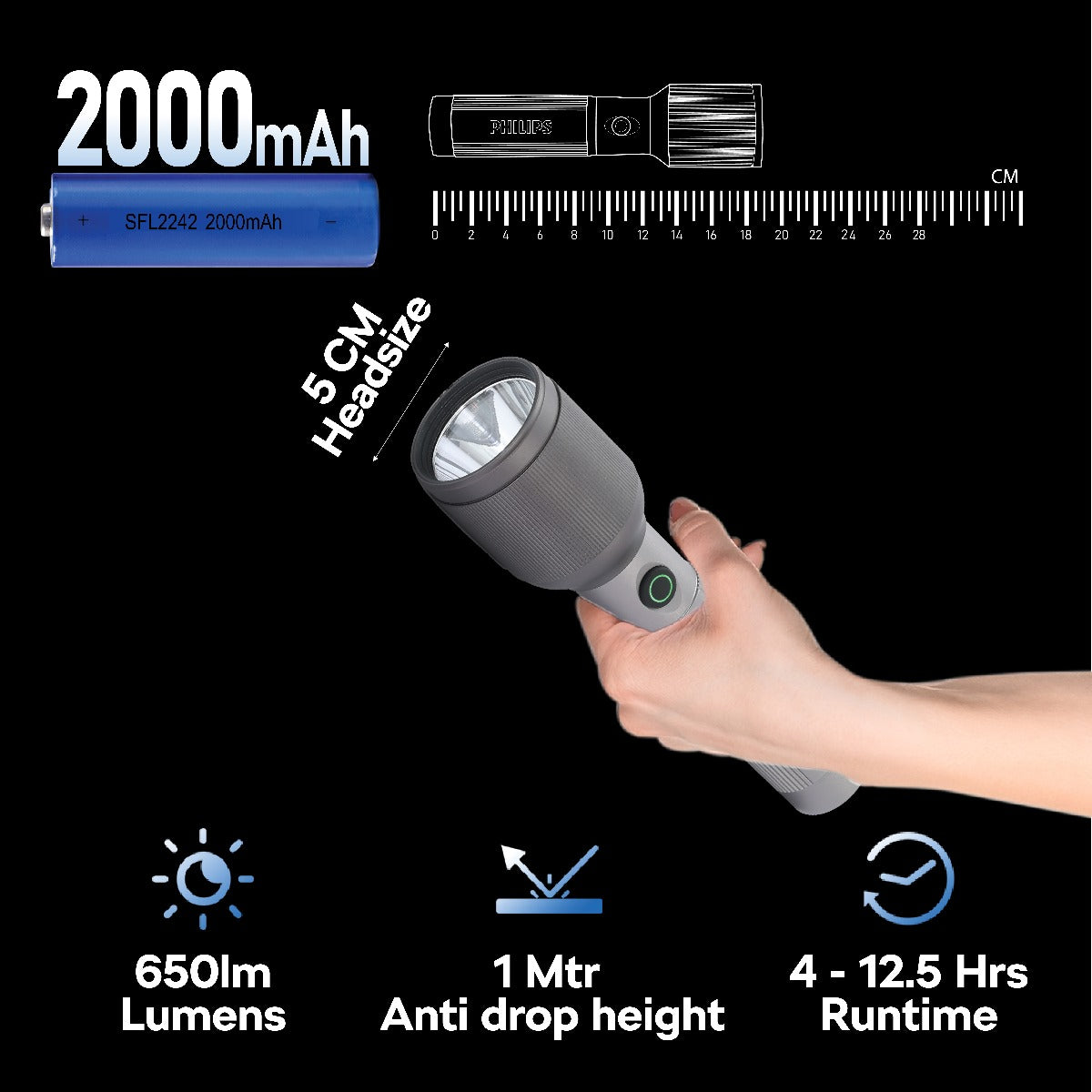 PHILIPS 5 Mode Aircraft Aluminium Alloy LED Flashlight – 650 lm, 2000mAh, SFL2242/56 Torch  (Grey, 19.2 cm, Rechargeable)