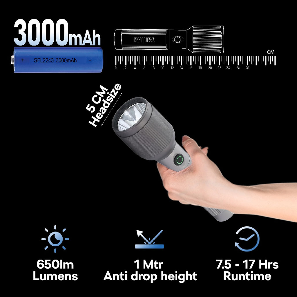 Philips Aircraft Aluminium Alloy 22.5cms LED Rechargeable Flashlight / Torch – 650Lumens, 450m Range, 3000mAh SFL2243/56