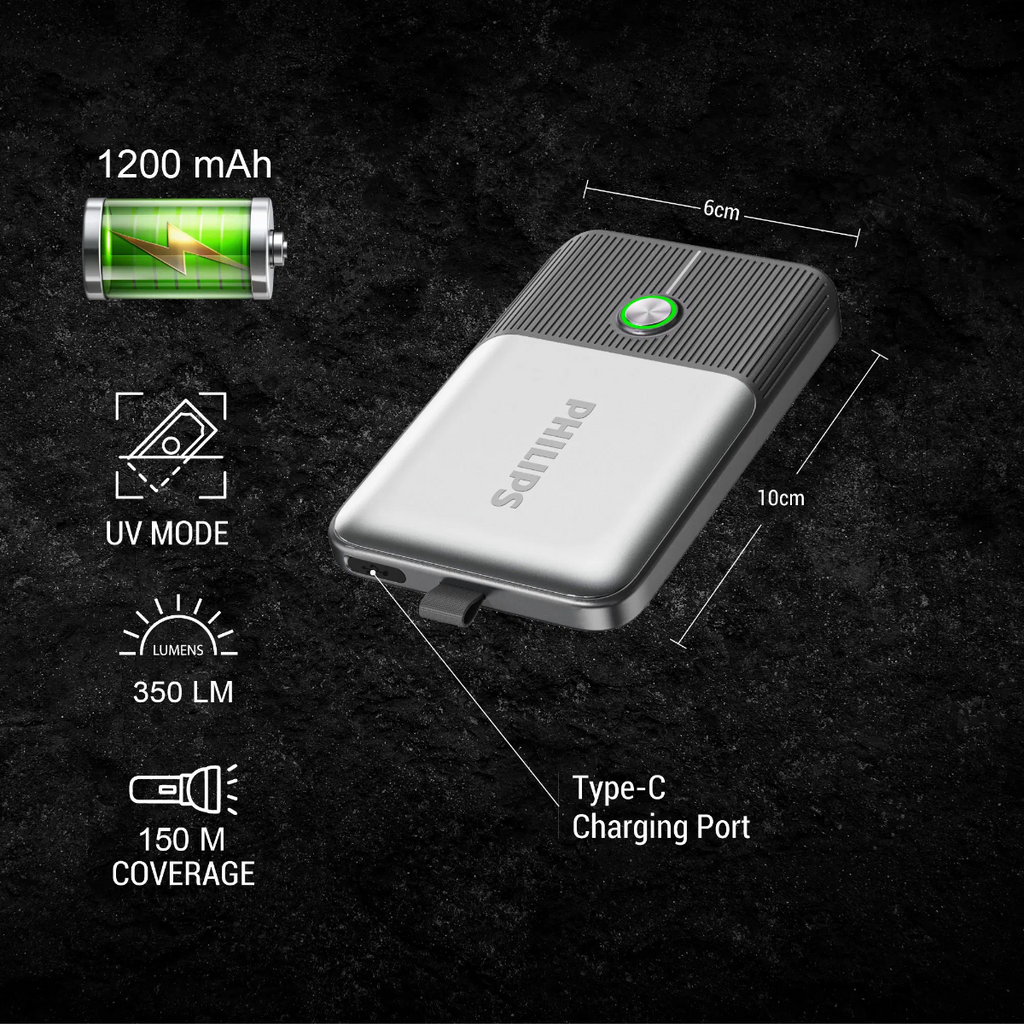 Philips ABS Multi-Functional Rechargeable Pocket Flashlight / Torch with UV Light – 350Lumens, 1200mAh SFL3403/56