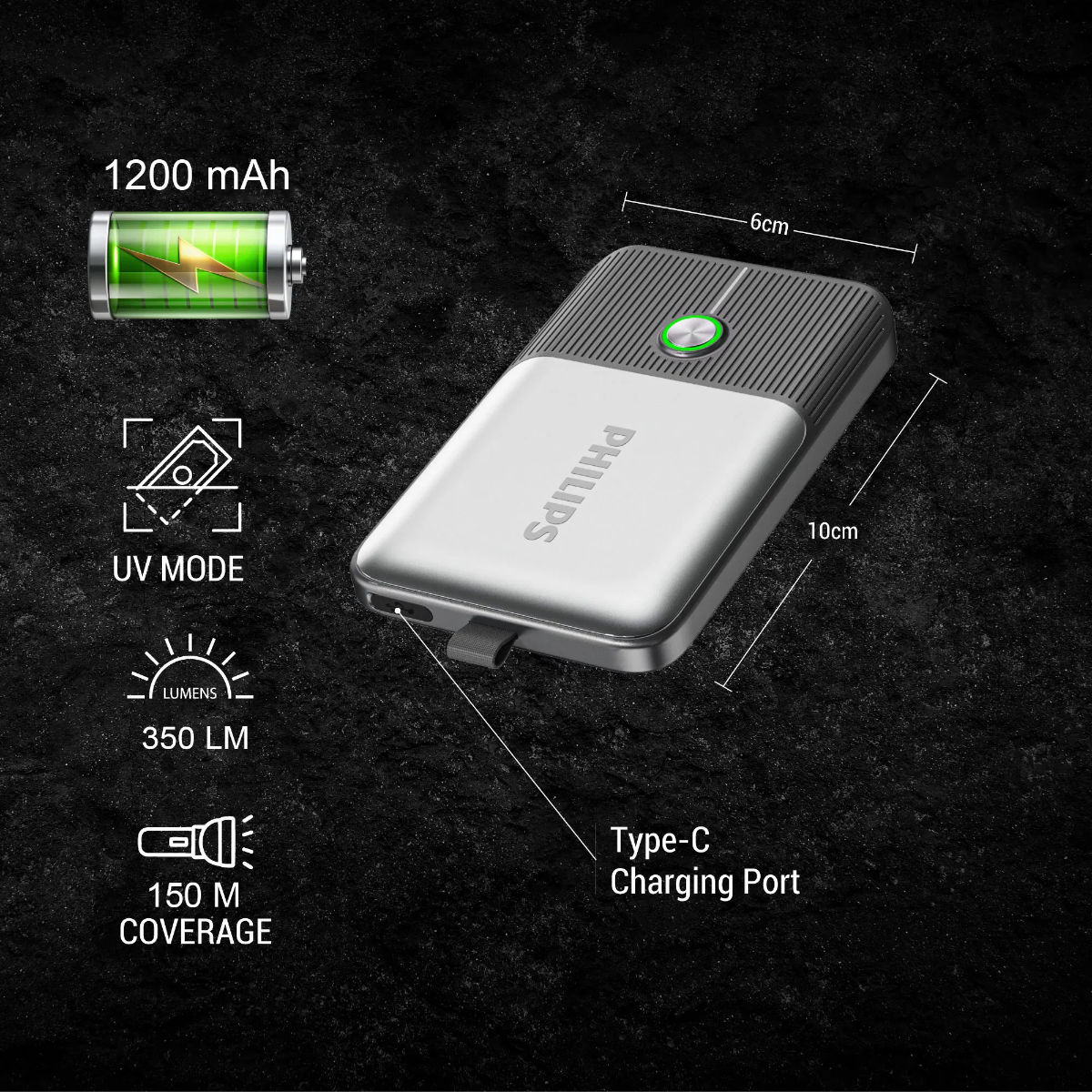 Philips ABS Multi-Functional Rechargeable Pocket Flashlight / Torch with UV Light – 350Lumens, 1200mAh SFL3403/56