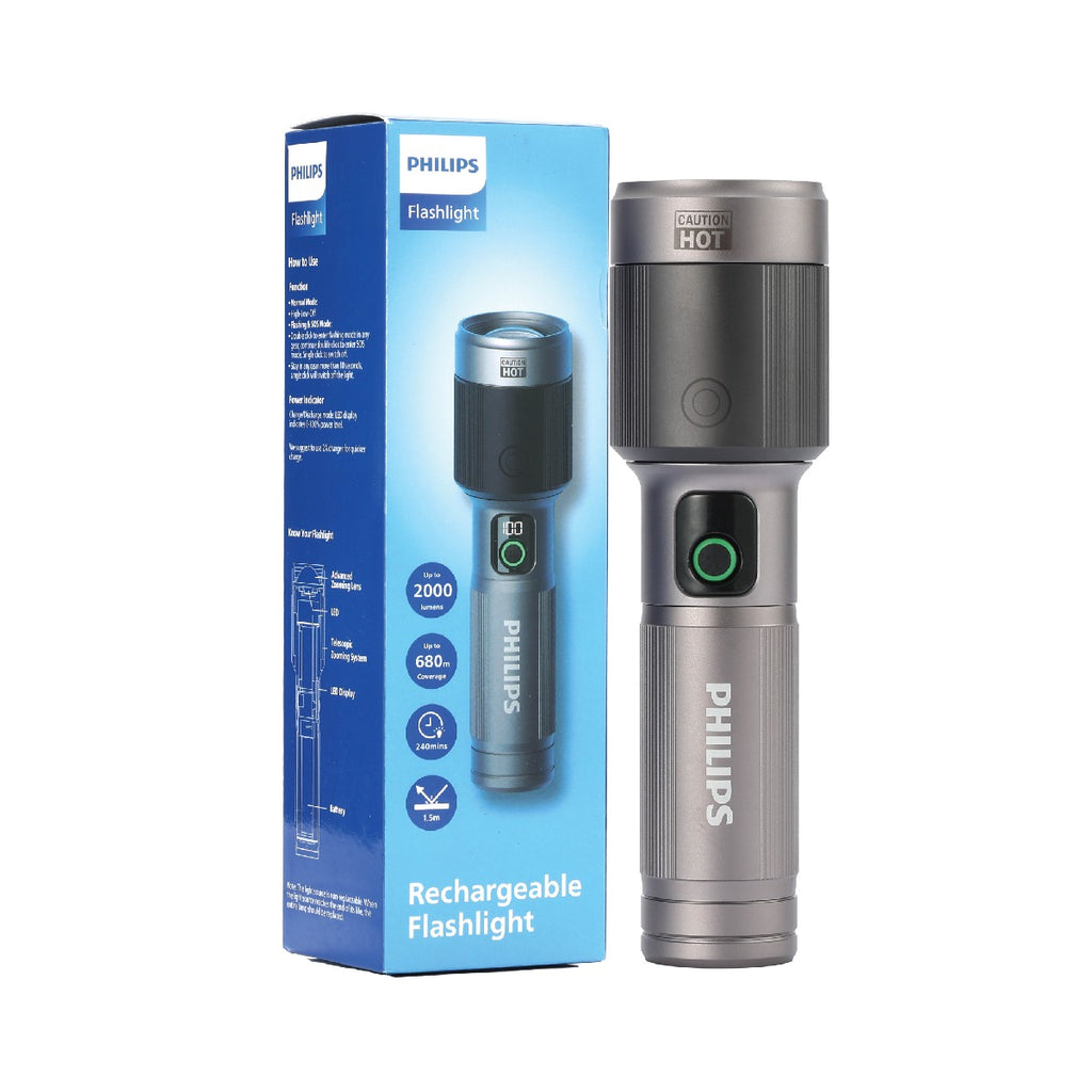PHILIPS Aircraft Aluminium Alloy 24.5cms Zoom LED Rechargeable Flashlight / Torch – 2000Lumens, 680m Range, 4500mAh SFL5101/56