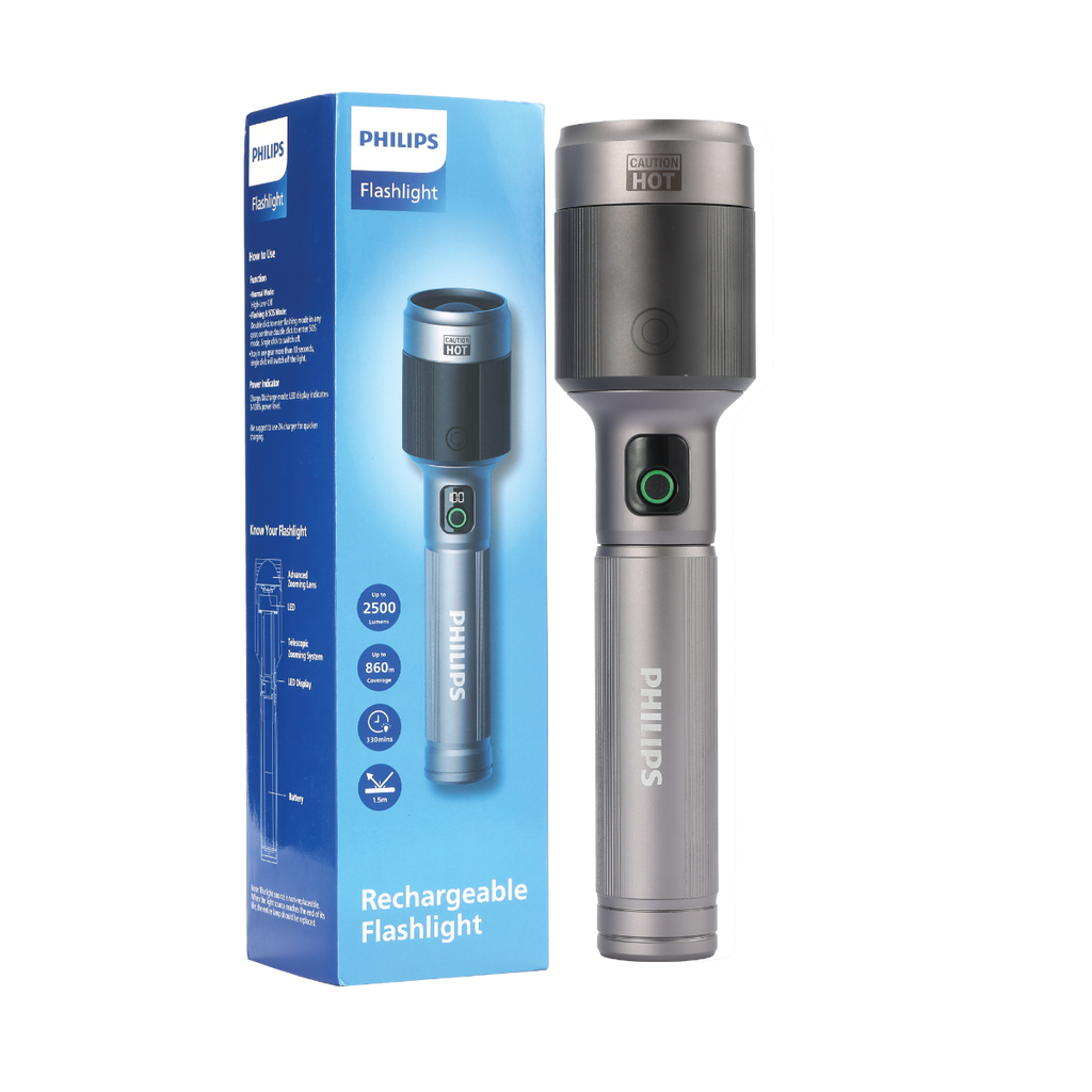 PHILIPS Aircraft Aluminium Alloy 33.2cms Zoom LED Rechargeable Flashlight / Torch – 2500Lumens, 860m Range, 9000mAh SFL5102/56
