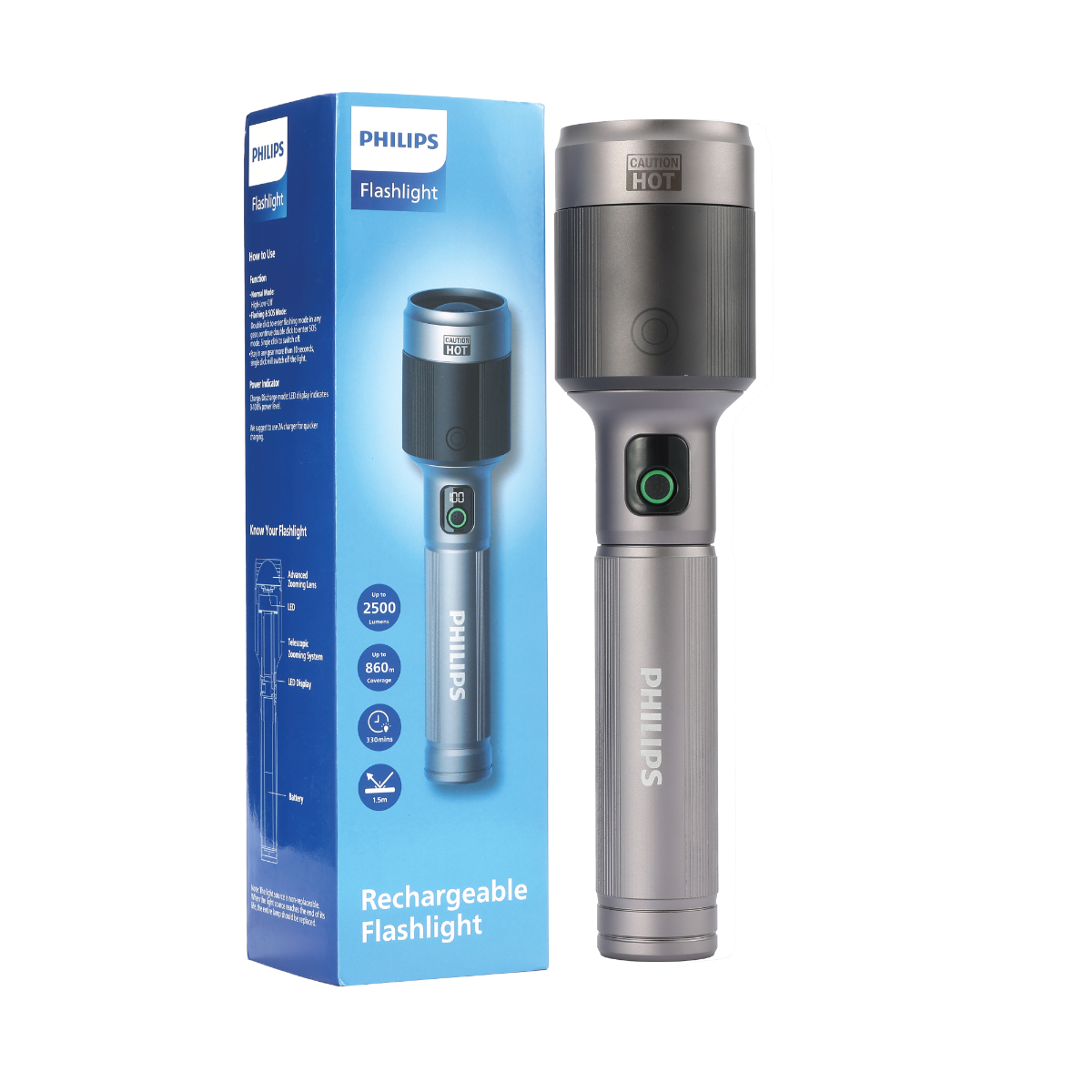 PHILIPS Aircraft Aluminium Alloy 33.2cms Zoom LED Rechargeable Flashlight / Torch – 2500Lumens, 860m Range, 9000mAh SFL5102/56