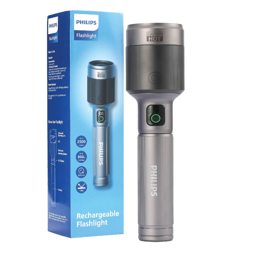 PHILIPS Aircraft Aluminium Alloy 33.2cms Zoom LED Rechargeable Flashlight / Torch – 2500Lumens, 860m Range, 9000mAh SFL5102/56