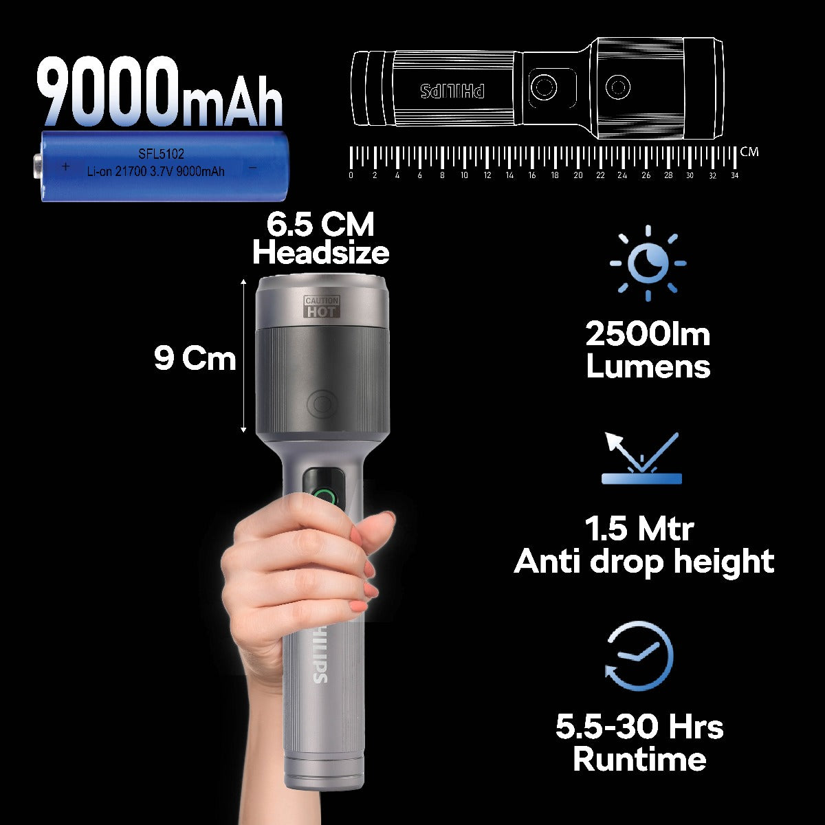 PHILIPS Aircraft Aluminium Alloy 33.2cms Zoom LED Rechargeable Flashlight / Torch – 2500Lumens, 860m Range, 9000mAh SFL5102/56