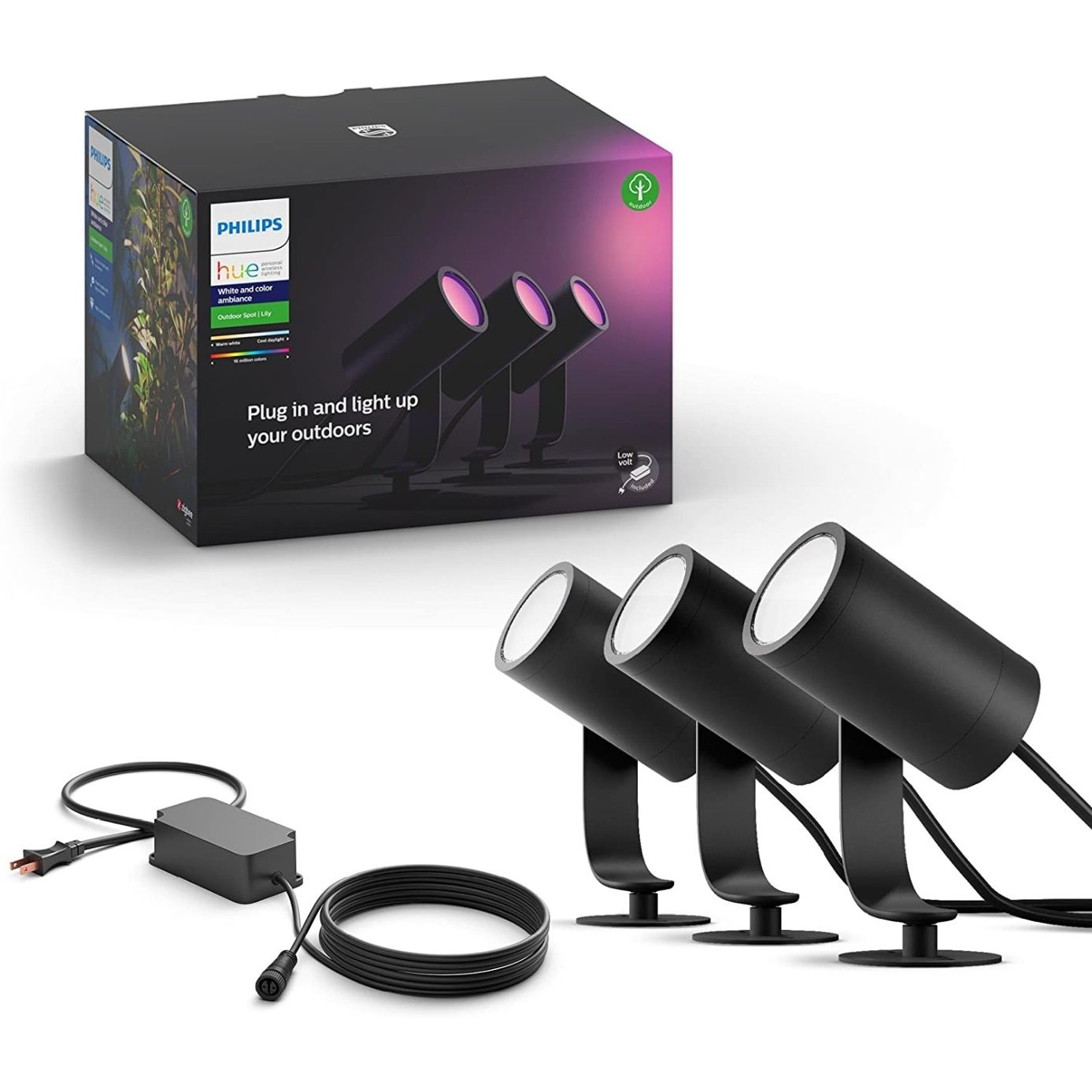 Philips Hue Lily White & Color Outdoor Spot Light Base kit (Hue Hub required), 3 Spot Lights with Power Supply + Mount, Works with Alexa, HomeKit & Google Assistant
