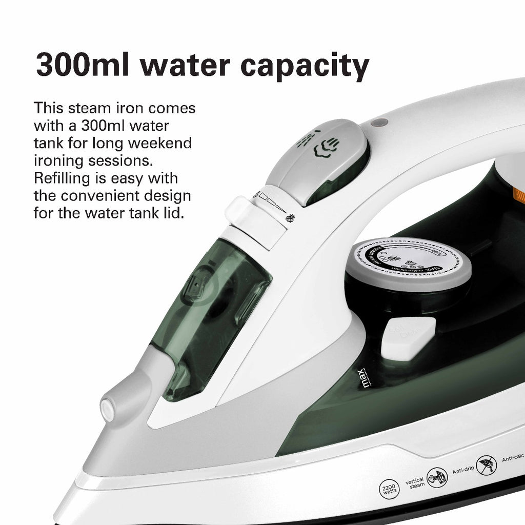 Hamilton Beach Steam Iron 2200W, Vertical steam, 23g/min steam flow, steam shot, water spray, Dry & 3 steam settings, non-stick soleplate, Anti-drip, Anti-calc, Self clean, 2 yrs warranty, ST2747-ME