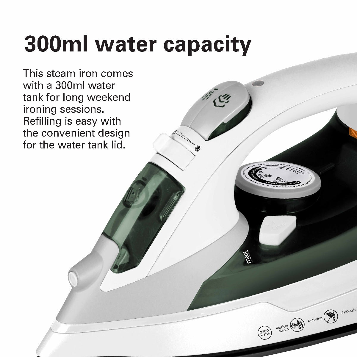 Hamilton Beach Steam Iron 2200W, Vertical steam, 23g/min steam flow, steam shot, water spray, Dry & 3 steam settings, non-stick soleplate, Anti-drip, Anti-calc, Self clean, 2 yrs warranty, ST2747-ME