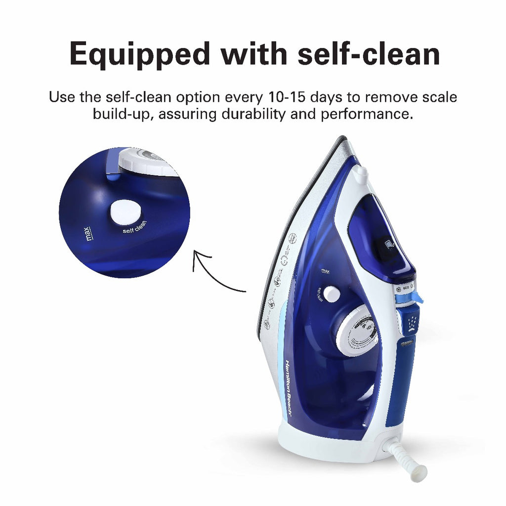 Hamilton Beach Steam Iron 2500W, Ceramic soleplate, Auto-Shut Off, Vertical steam, 35g/min steam, steam shot, with 3 settings, 300ml, Anti-drip, Anti-calc, Self clean, 2 yrs warranty, ST3797-ME