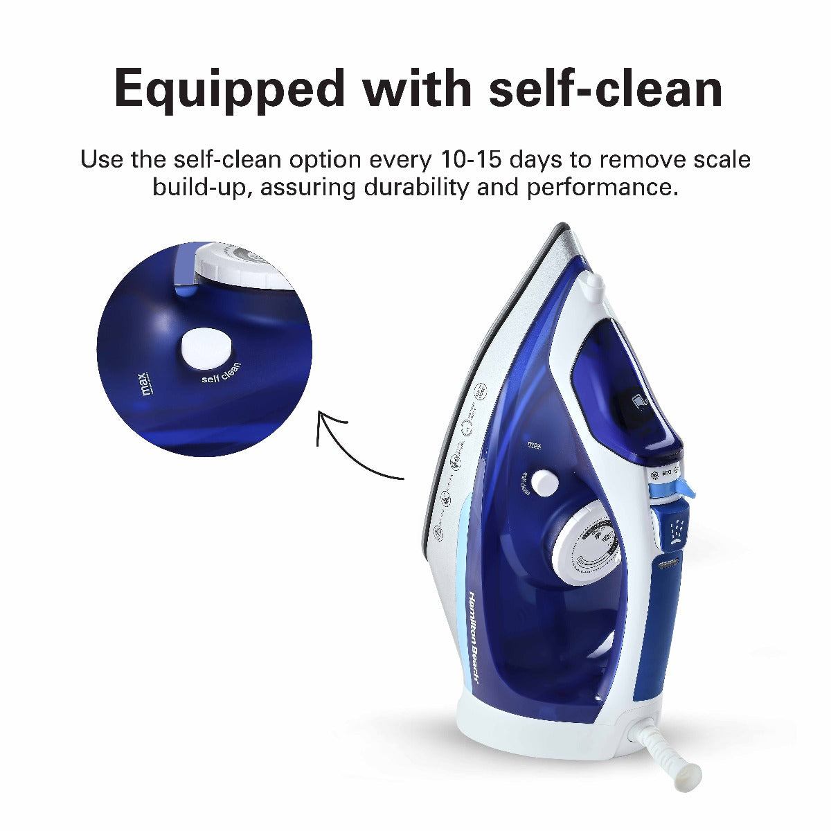 Hamilton Beach Steam Iron 2500W, Ceramic soleplate, Auto-Shut Off, Vertical steam, 35g/min steam, steam shot, with 3 settings, 300ml, Anti-drip, Anti-calc, Self clean, 2 yrs warranty, ST3797-ME