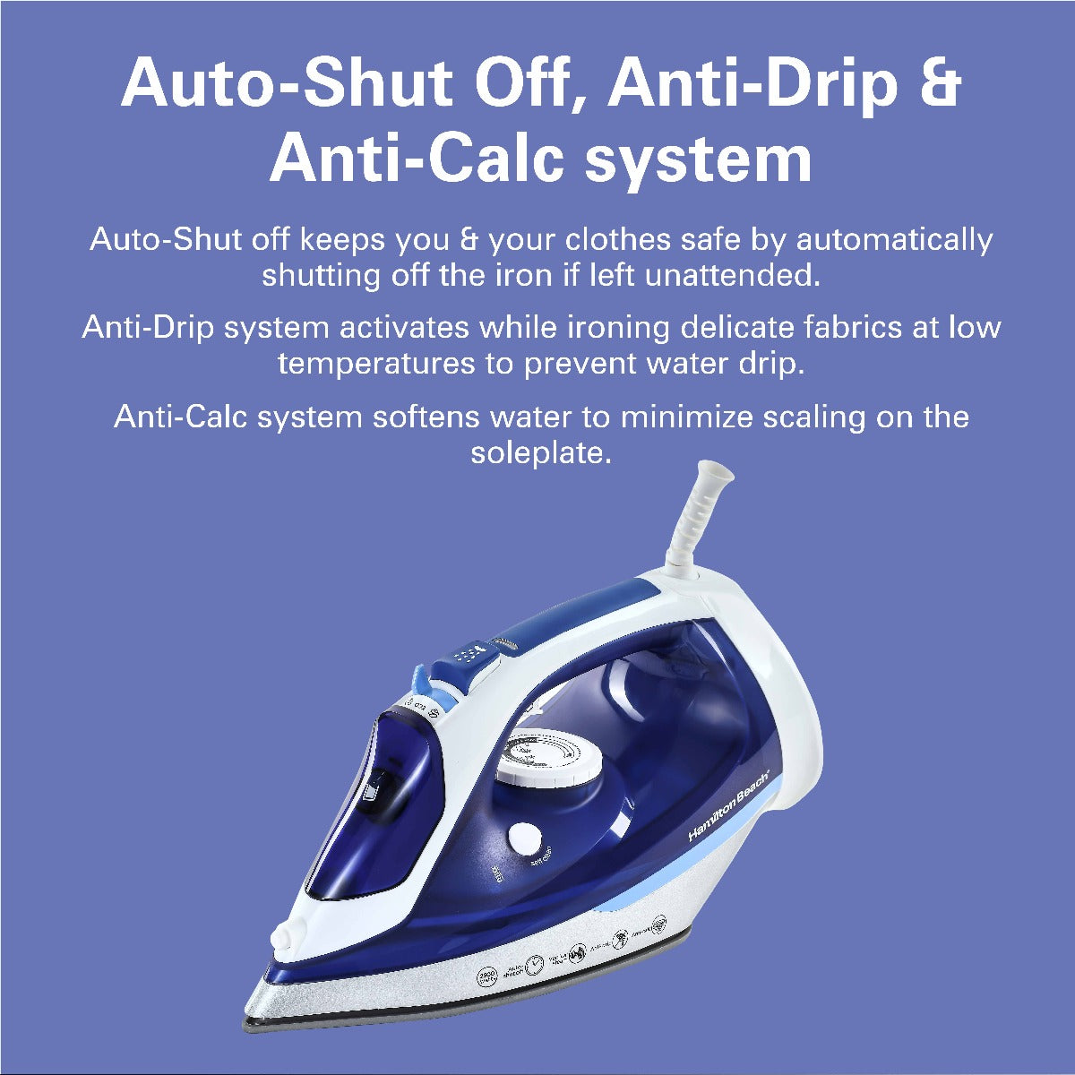 Hamilton Beach Steam Iron 2500W, Ceramic soleplate, Auto-Shut Off, Vertical steam, 35g/min steam, steam shot, with 3 settings, 300ml, Anti-drip, Anti-calc, Self clean, 2 yrs warranty, ST3797-ME