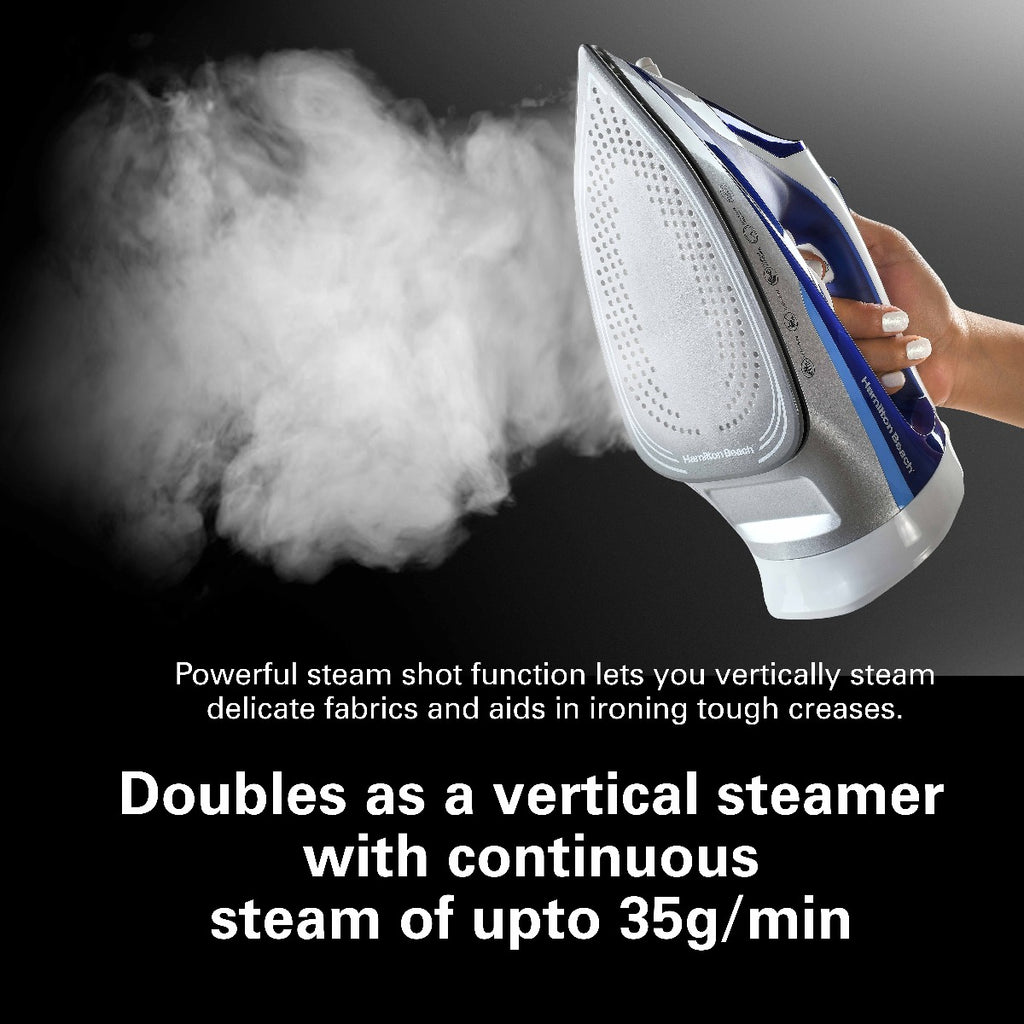Hamilton Beach Steam Iron 2500W, Ceramic soleplate, Auto-Shut Off, Vertical steam, 35g/min steam, steam shot, with 3 settings, 300ml, Anti-drip, Anti-calc, Self clean, 2 yrs warranty, ST3797-ME