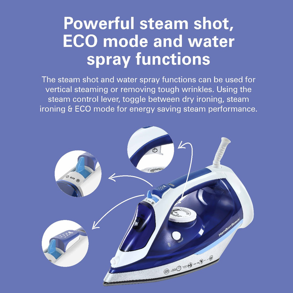 Hamilton Beach Steam Iron 2500W, Ceramic soleplate, Auto-Shut Off, Vertical steam, 35g/min steam, steam shot, with 3 settings, 300ml, Anti-drip, Anti-calc, Self clean, 2 yrs warranty, ST3797-ME