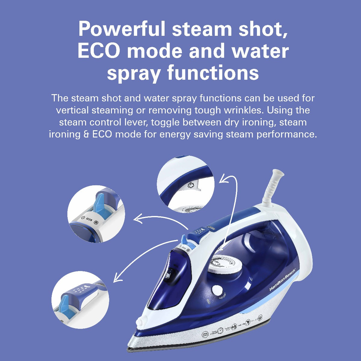 Hamilton Beach Steam Iron 2500W, Ceramic soleplate, Auto-Shut Off, Vertical steam, 35g/min steam, steam shot, with 3 settings, 300ml, Anti-drip, Anti-calc, Self clean, 2 yrs warranty, ST3797-ME