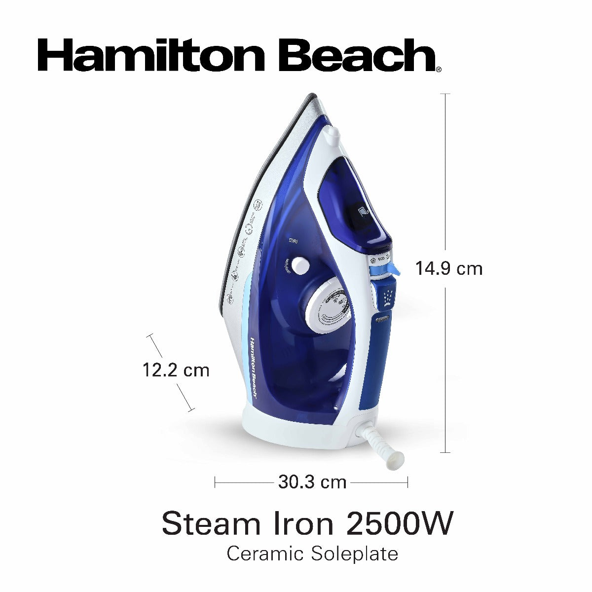 Hamilton Beach Steam Iron 2500W, Ceramic soleplate, Auto-Shut Off, Vertical steam, 35g/min steam, steam shot, with 3 settings, 300ml, Anti-drip, Anti-calc, Self clean, 2 yrs warranty, ST3797-ME