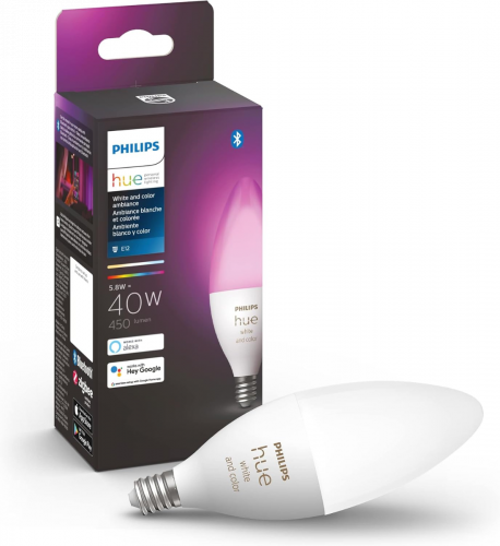 Philips Hue Smart 40W B39 Candle-Shaped LED Bulb - White and Color Ambiance Color-Changing Light - 1 Pack - 450LM - E12 - Control with Hue App - Works with Alexa, Google Assistant and Apple Homekit