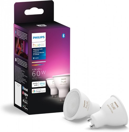 Philips Hue Smart 60W GU10 LED Bulb - White and Color Ambiance Color-Changing Light - 2 Pack - 450LM - Indoor - Control with Hue App - Works with Alexa, Google Assistant and Apple Homekit