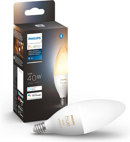 Philips Hue Smart 40W B39 Candle-Shaped LED Bulb - White Ambiance Warm-to-Cool White Light - 1 Pack - 450LM - E12 - Indoor - Control with Hue App - Works with Alexa, Google Assistant and Apple Homekit