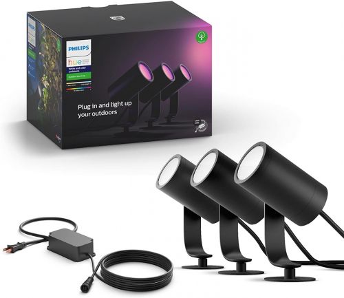 Philips Hue Lily White & Color Outdoor Spot Light Base kit (Hue Hub required), 3 Spot Lights with Power Supply + Mount, Works with Alexa, HomeKit & Google Assistant