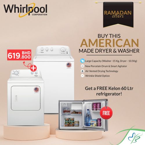 Whirlpool USA Laundry Offer -American Washer 15KG + Dryer 10.5KG + Free Kelon 60L Refrigerator